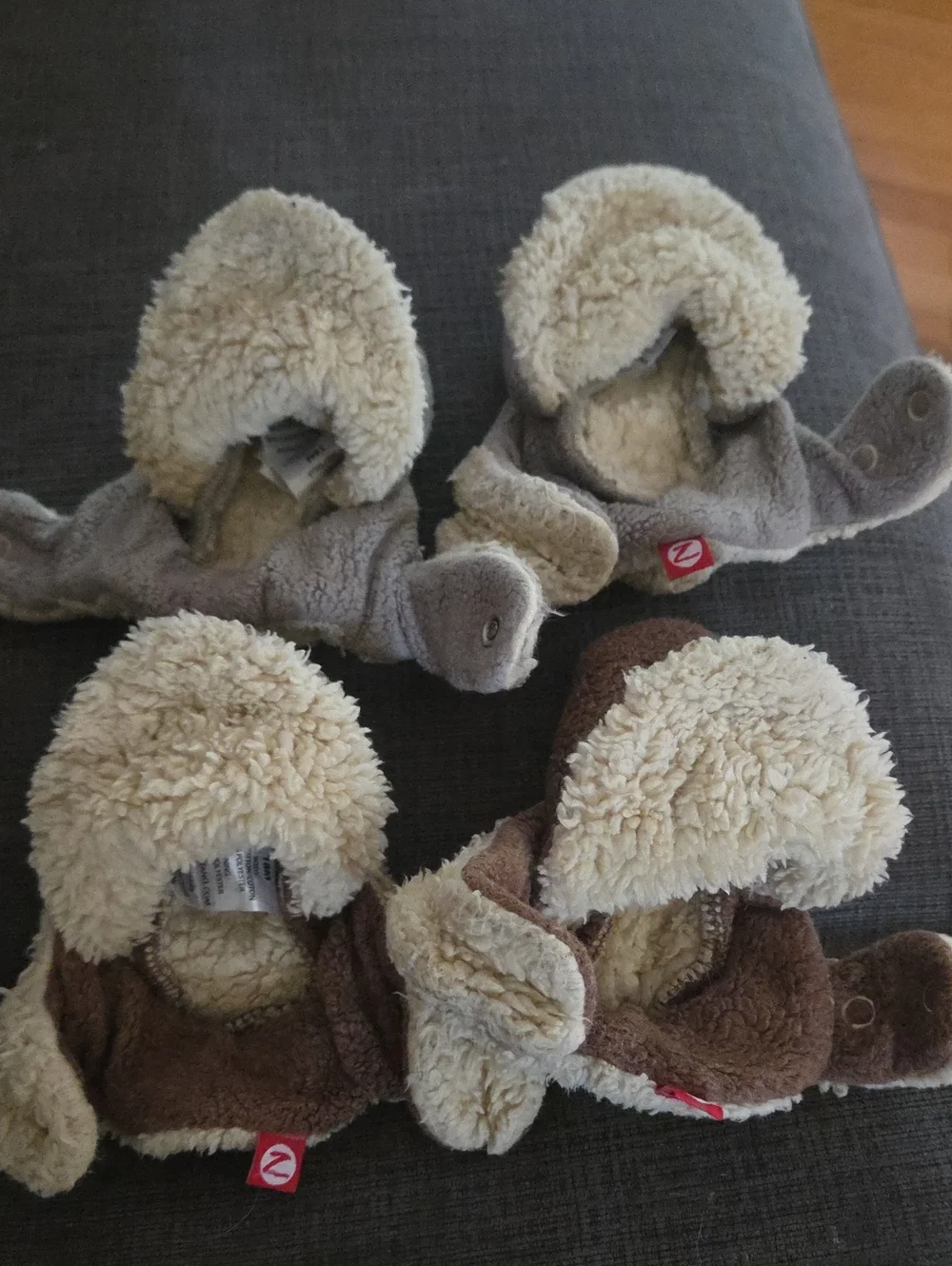 Zutano Cozy Sherpa Slippers in Brown and Gray with Cream Trim
